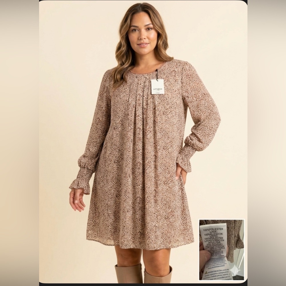 Umgee Boho Animal Print Long Sleeve Tunic Dress size Large new with 🏷️